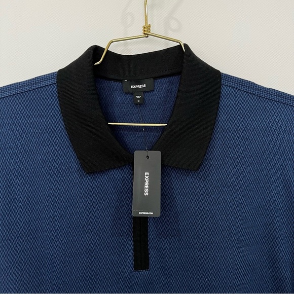 Express Zip Polo Navy and Black Shirt Textured Short Sleeve - Picture 5 of 6